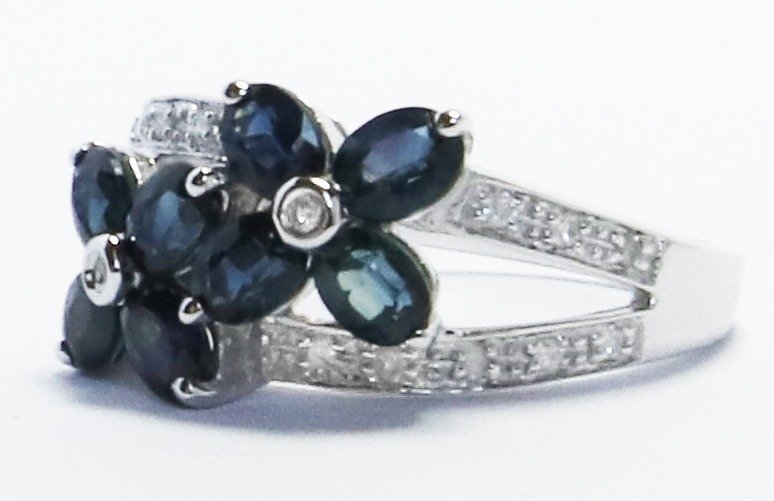 戒指 - 14K包金 白金 蓝宝石 - 钻石 #1.0