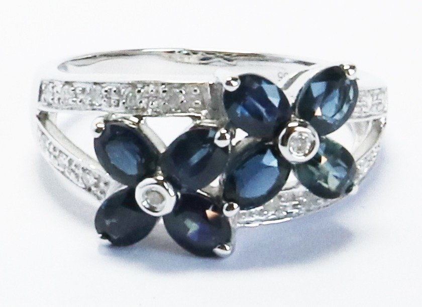 戒指 - 14K包金 白金 蓝宝石 - 钻石 #1.0