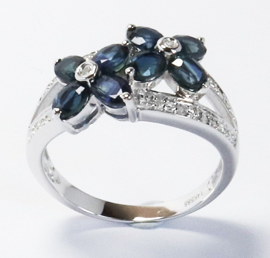 戒指 - 14K包金 白金 蓝宝石 - 钻石 #3.2