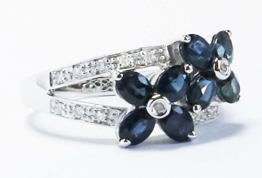 戒指 - 14K包金 白金 蓝宝石 - 钻石 #2.1