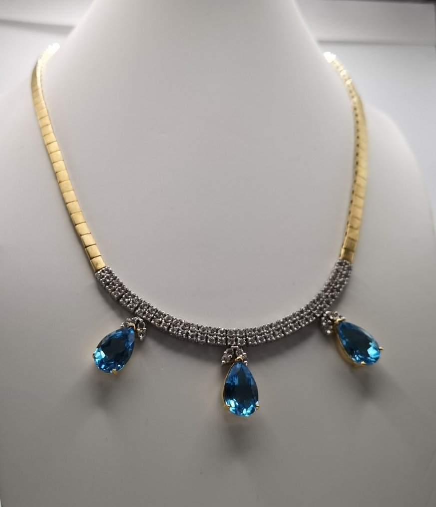Halskette - 18 kt Gelbgold, Weißgold Aquamarin - Diamant #1.2