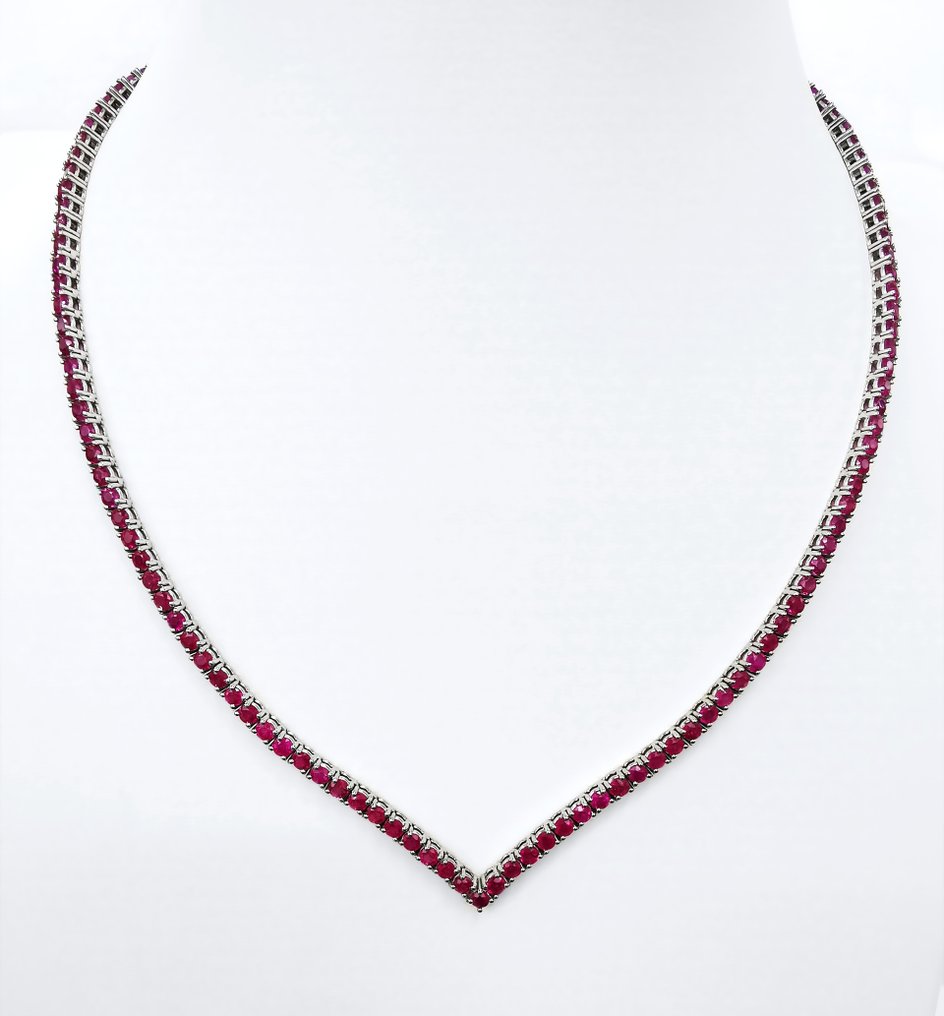20.85 ct Natural Red Ruby classic tennis Necklace - 21.36 gr. - Halskjede Hvitt gull Rubin #1.1