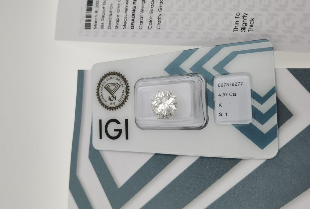 1 pcs 鑽石  (天然)  - 4.37 ct - 圓形 - K(輕微黃色、從正面看是亮白的) - SI1 - 國際寶石學院（International Gemological Institute (IGI)） #1.3