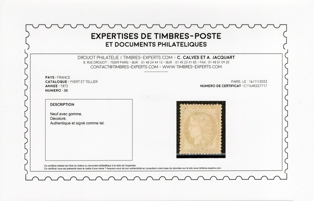 法国 1872 - 谷神星第三代表56 号，新*签名小牛，出售时附有证书。变色了。美丽的 - Yvert #2.1
