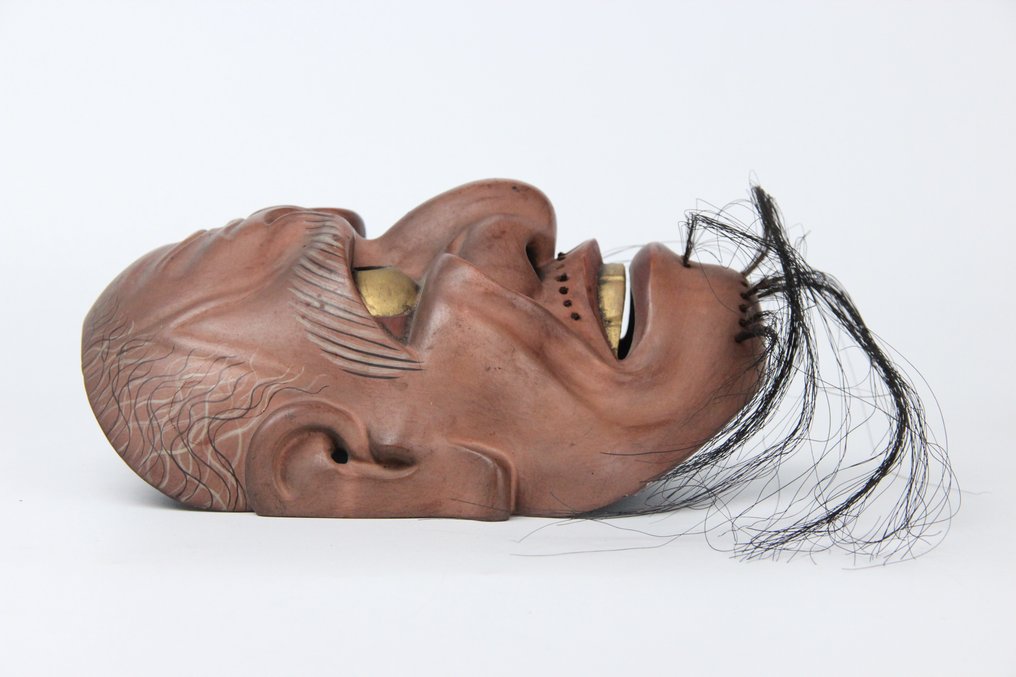 日本能乐面具 - 木, 古董能剧面具：“Namenubu Akuō” - 带有突出鼻子肿块的传统面具 #3.1