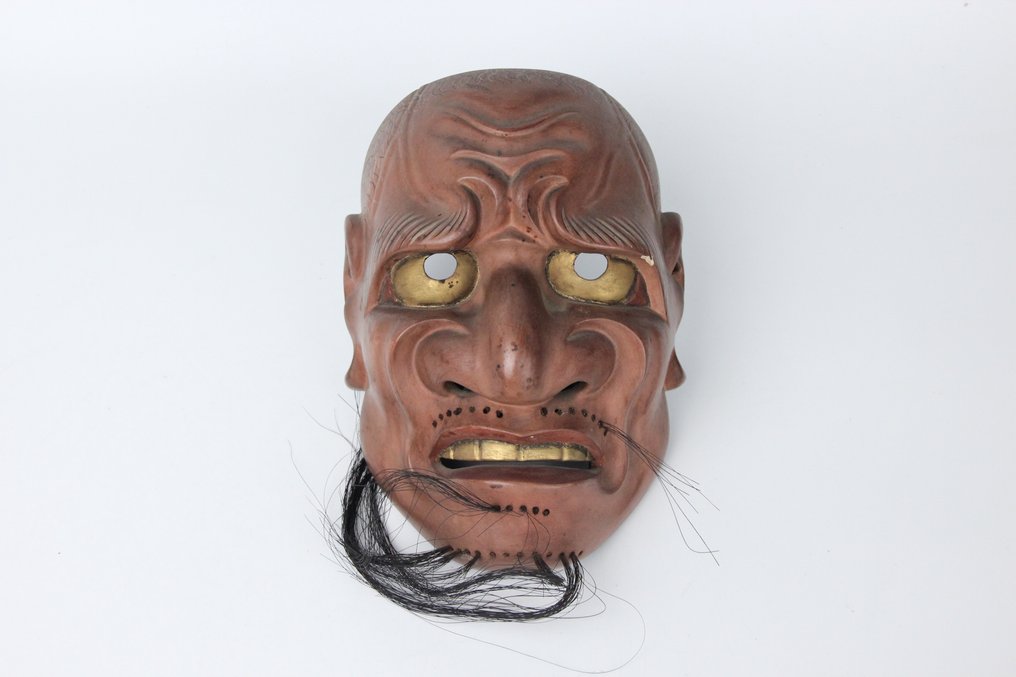 日本能乐面具 - 木, 古董能剧面具：“Namenubu Akuō” - 带有突出鼻子肿块的传统面具 #1.1