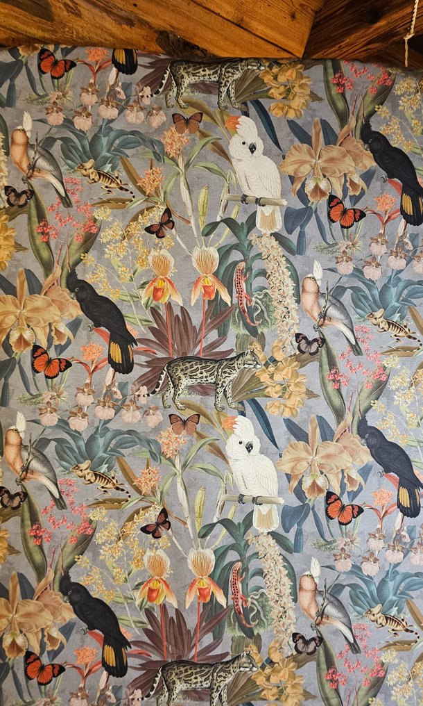 300x280cm! Luxurious upholstery fabric with Cacatua parrots and leopard print - 300x280cm - gray - - Textile - 300 cm - 280 cm #2.1