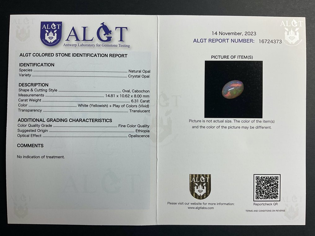 蛋白石  - 6.31 ct - Antwerp Laboratory for Gemstone Testing (ALGT) #3.2