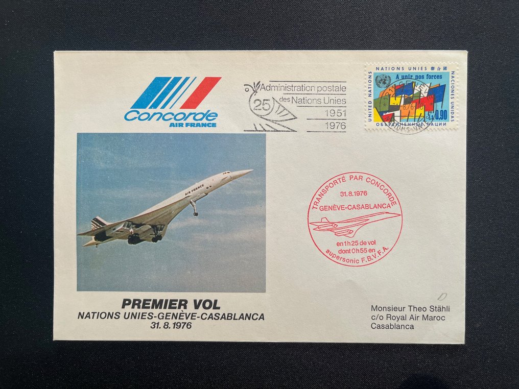Air France Three flown Concorde covers on the first flight to Paris Geneva Casablance (incl UN cover) - 1970-1980 #3.2