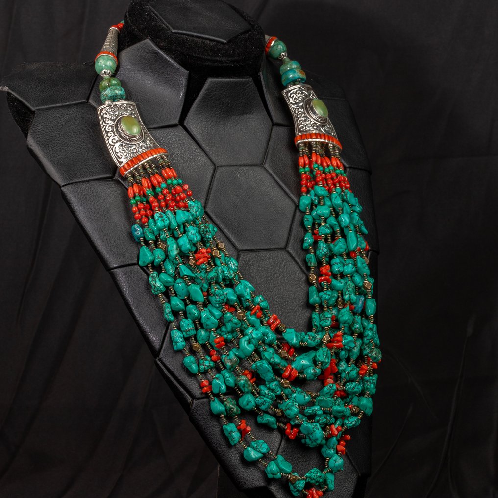 Sterling & Brass Tibetan Turquoise Coral Necklace Traditional Nepalese Necklace- 272 g #1.2