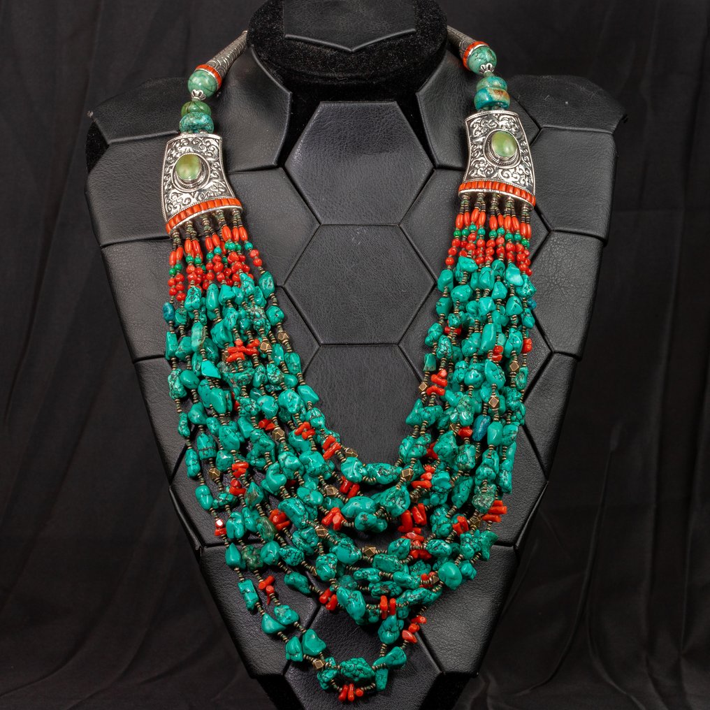 Sterling & Brass Tibetan Turquoise Coral Necklace Traditional Nepalese Necklace- 272 g #1.1