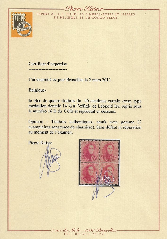 比利時 1865 - 獎章 40c 胭脂紅 - 穿孔 14½ - OBP/COB 16B #2.1