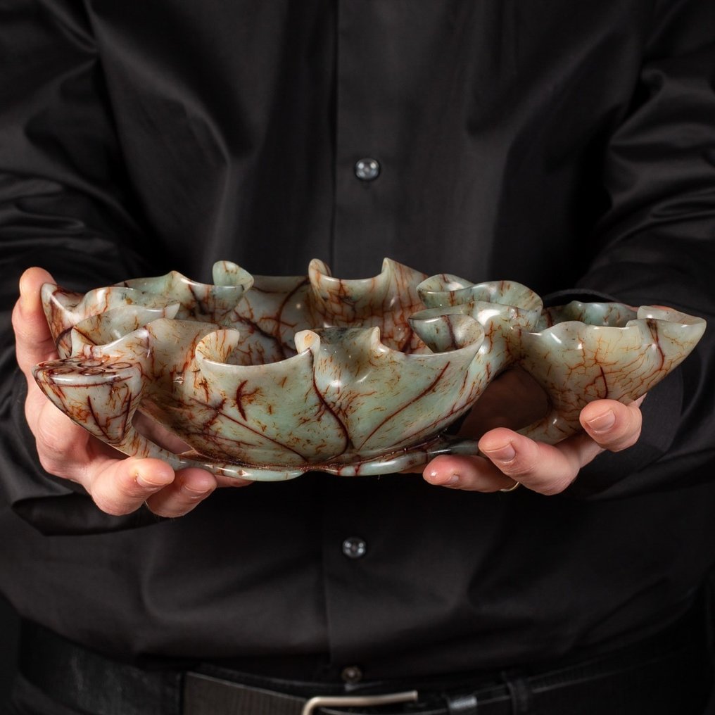 翡翠淡青瓷 - Serpentine Group 精美的中国雕刻杯 - 高度: 275 mm - 宽度: 190 mm- 1466 g - (1) #2.1