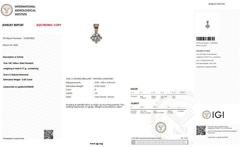 IGI Certificate - 0.50 total carat of Natural Diamond - 18 ct. Aur galben - Pandativ - 0.50 ct Diamant #2.1