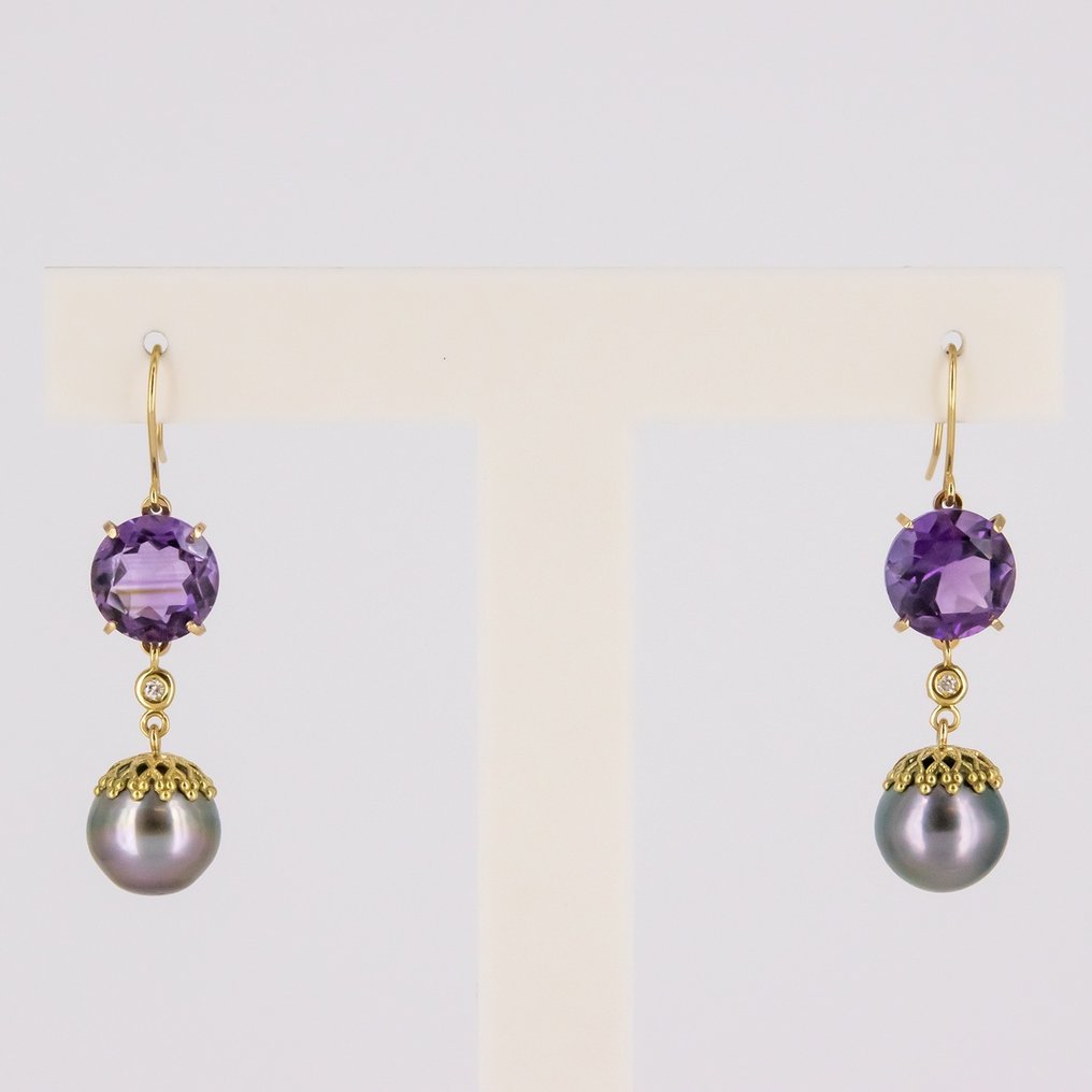 耳环 - 18K包金 黄金 紫水晶 - 珍珠 #1.0
