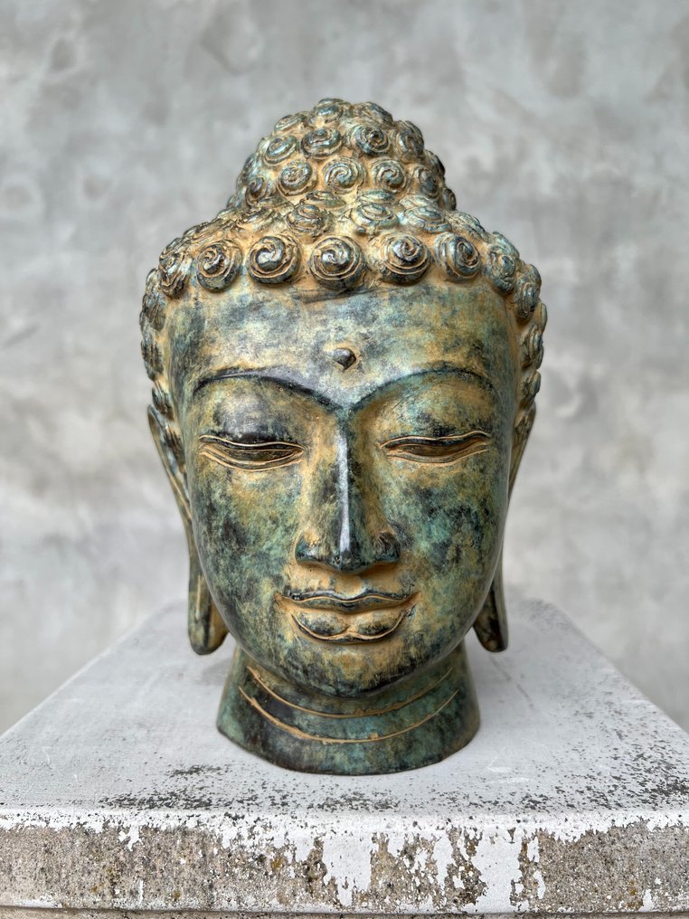 雕塑, NO RESERVE PRICE - Bronze Patinated Buddha Head - 25 cm - 黄铜色 #1.0