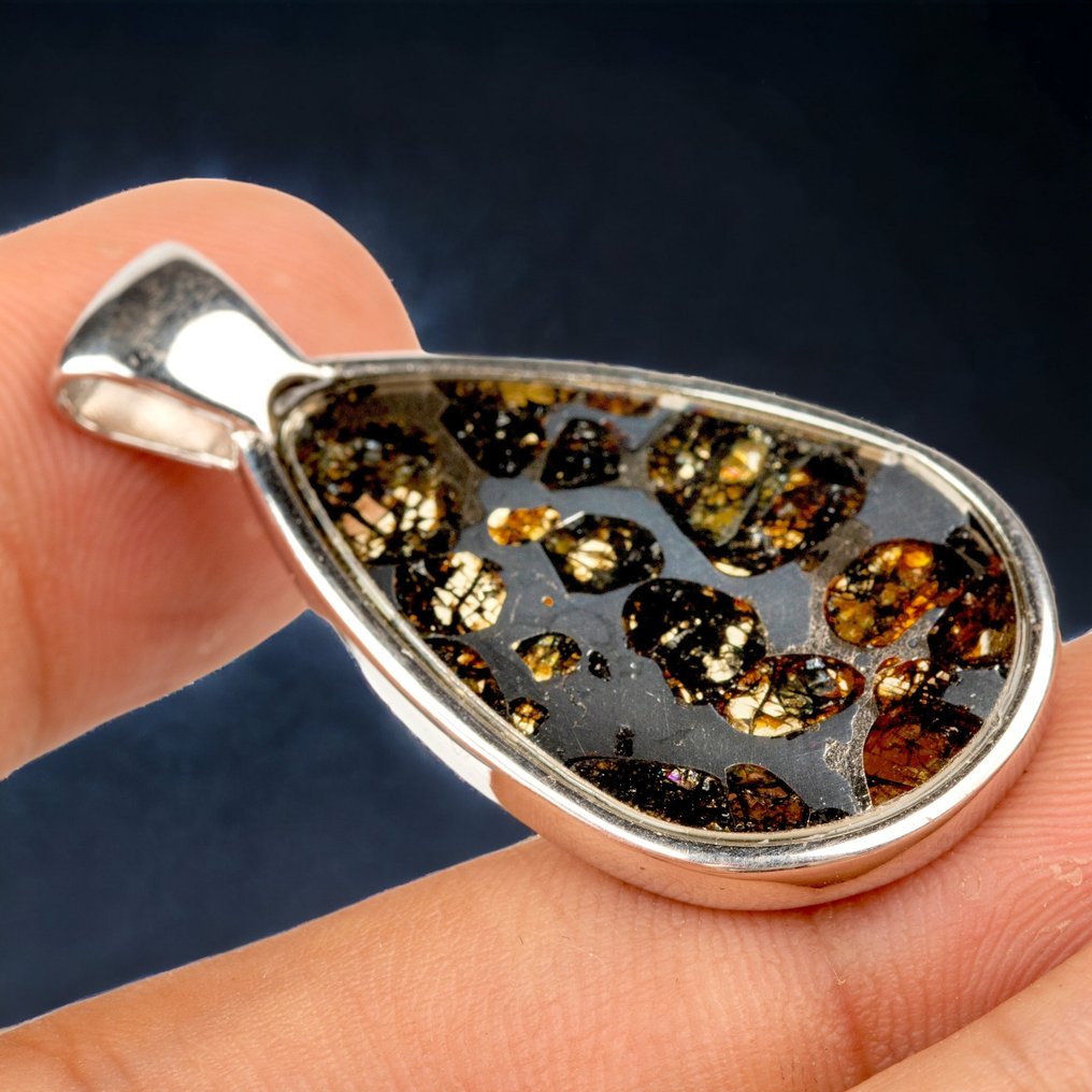 Bardzo rzadkie Meteorite Seymchan - Pallasite - srebrny wisiorek - Wysokość: 42.2 mm - Szerokość: 22.4 mm - 9 g #4.3