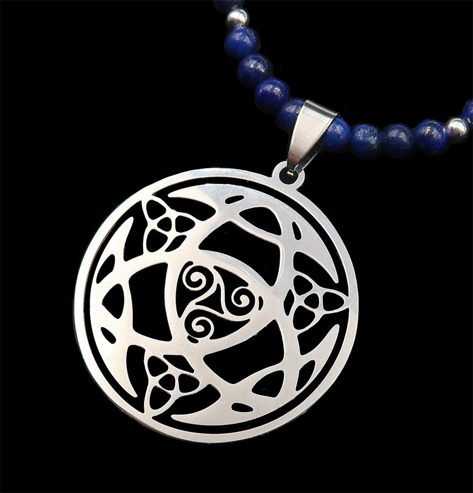 青金石 - Triskèle Druidique：凯尔特魔法、与异界的连接与和谐 - 扣环，925纯银珠子 - 吊坠项链 #2.1