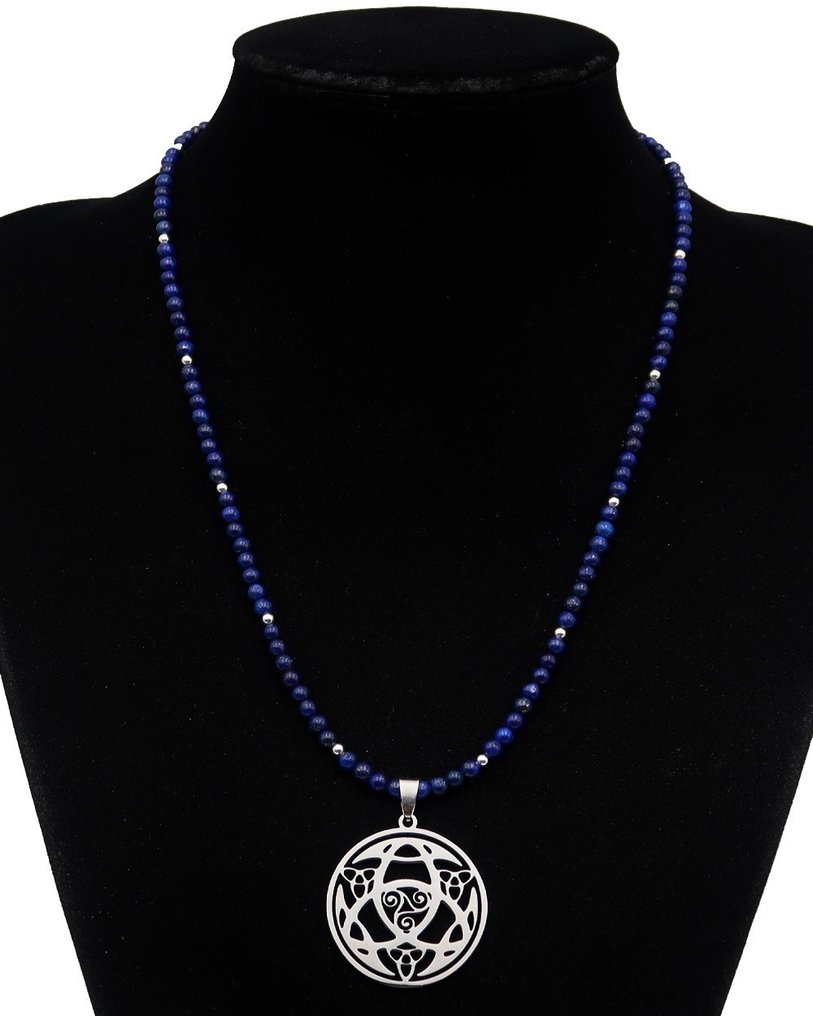 青金石 - Triskèle Druidique：凯尔特魔法、与异界的连接与和谐 - 扣环，925纯银珠子 - 吊坠项链 #1.0