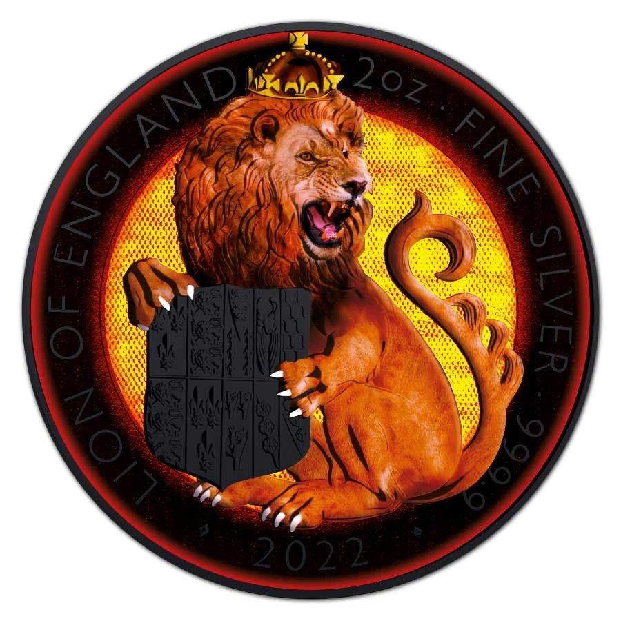 Reino Unido. 5 Pounds 2022 Tudor Beasts - Lion of England Black Sun, 2 Oz (.999)  (Sem preço de reserva) #1.1