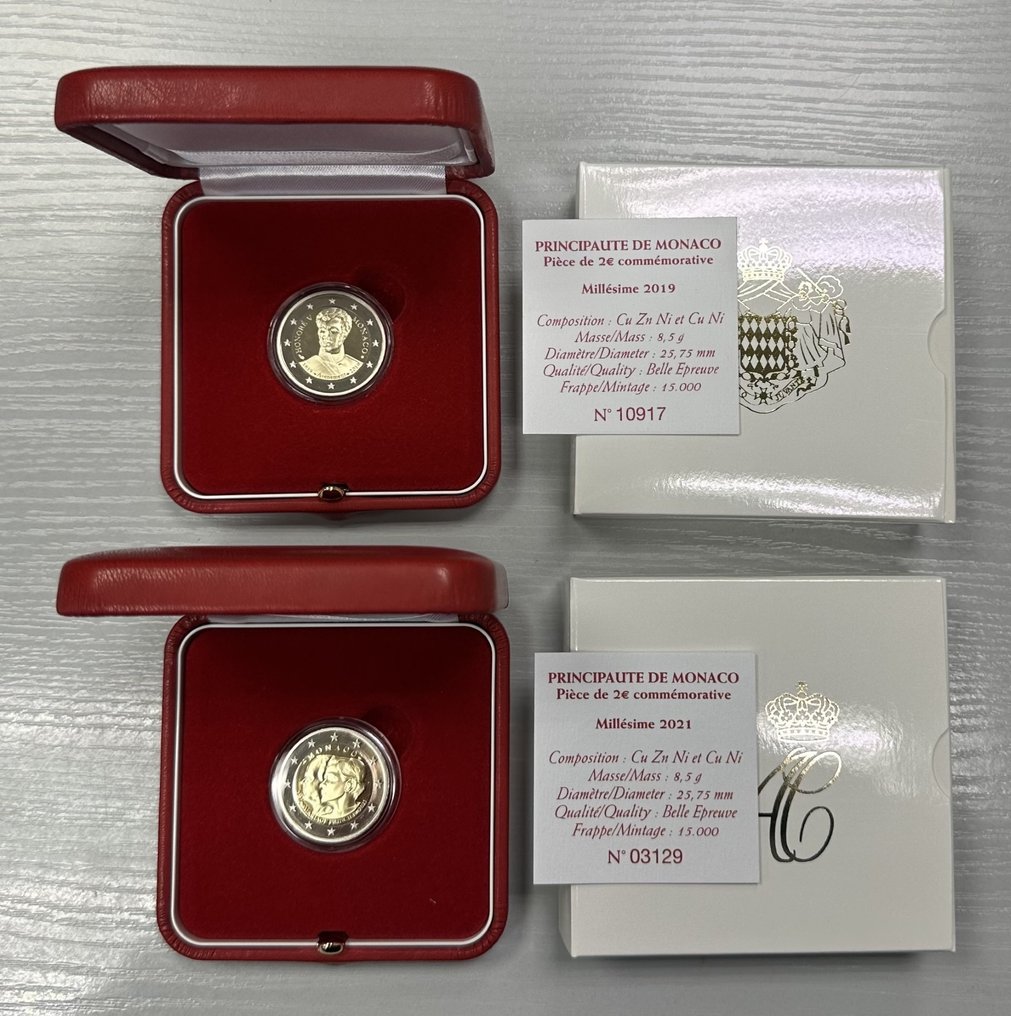 摩纳哥. 2 Euro 2019/2021 "Honoré V" + "Mariage Princier" (2 monnaies) Proof #1.0