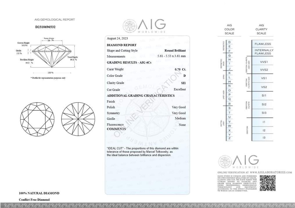 2 pcs 钻石  (天然)  - 1.41 ct - 圆形 - D (无色) - SI1 微内含一级 - 安特卫普国际宝石实验室（AIG以色列） #2.1