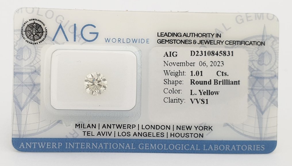 1 pcs Diamant  (Natürlich farbig)  - 1.01 ct - Rund - Light Gelb - VVS1 - Antwerp International Gemological Laboratories (AIG Israel) #3.2