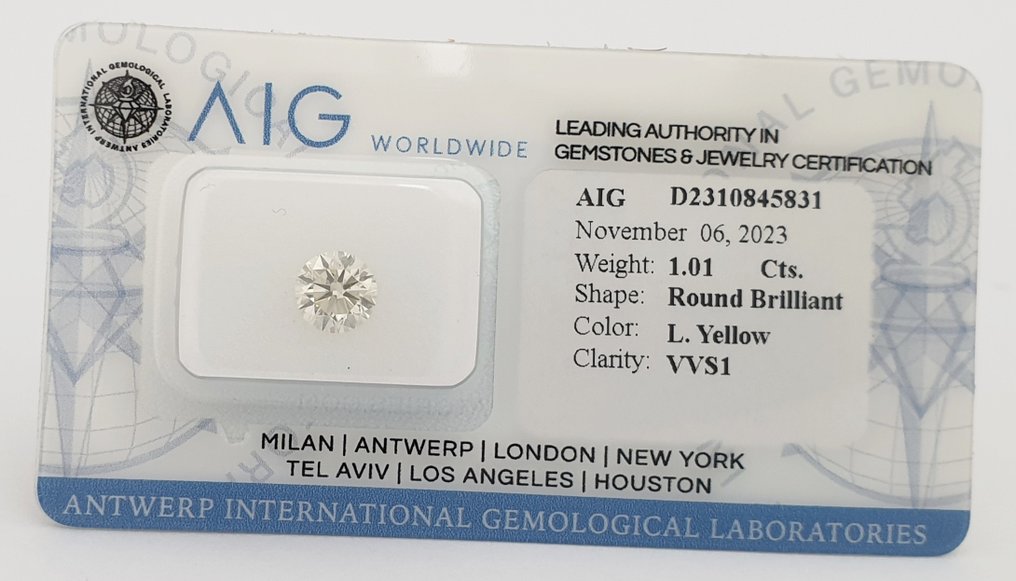 1 pcs Diamante  (Color natural)  - 1.01 ct - Redondo - Light Amarillo - VVS1 - Antwerp International Gemological Laboratories (AIG Israel) #1.1