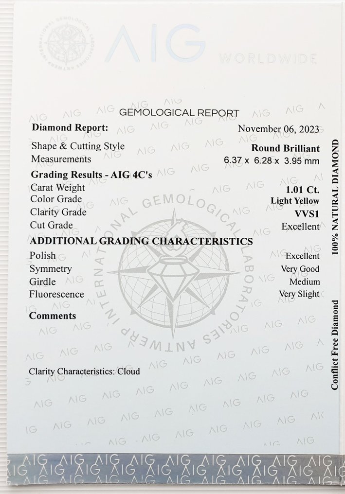 1 pcs Diamant  (Naturfarvet)  - 1.01 ct - Rund - Light Gul - VVS1 - Antwerp International Gemological Laboratories (AIG Israel) #3.1