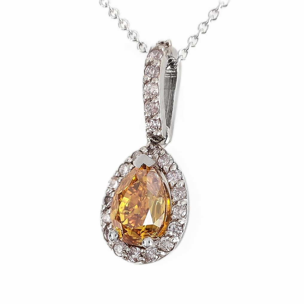Pandantiv - 14 ct. Aur alb -  1.20ct. tw. Portocaliu Diamant  (Colorat natural) #1.2