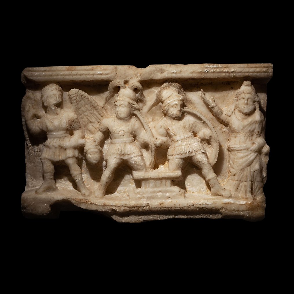 Ancient Roman Alabaster Front of Funeral Urn with a scene with Nike, two Soldiers and a Priest, 2nd century BC. 53 cm L. #1.1