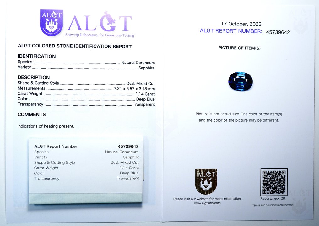 Albastru Safir  - 1.14 ct - ALGT (Laboratorul pentru testarea pietrelor prețioase din Anvers) #2.2