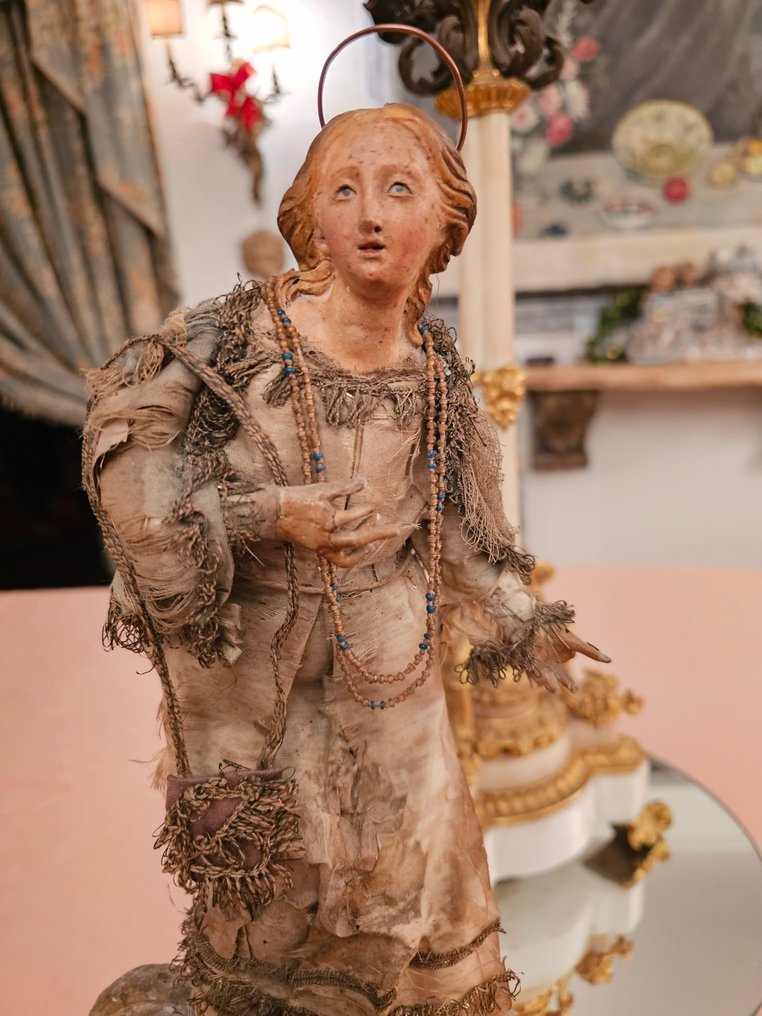 雕刻, Madonna del XVIII secolo - 30 cm - 木, 陶器, 古代布料 - 1700 #1.1