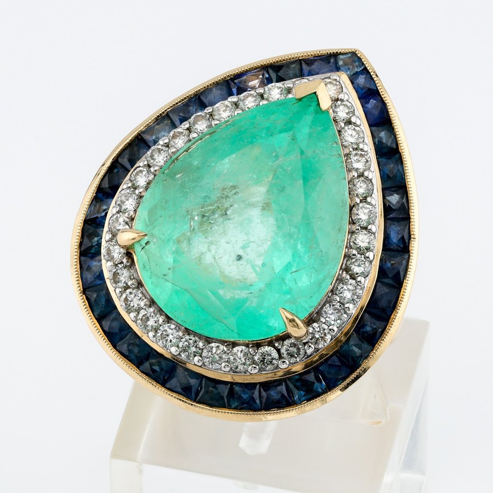 "Lotus lab" - Colombian Emerald (11.39), Sapphire and Diamond Combo - Inel - 14 ct. Aur alb, Aur galben #1.1