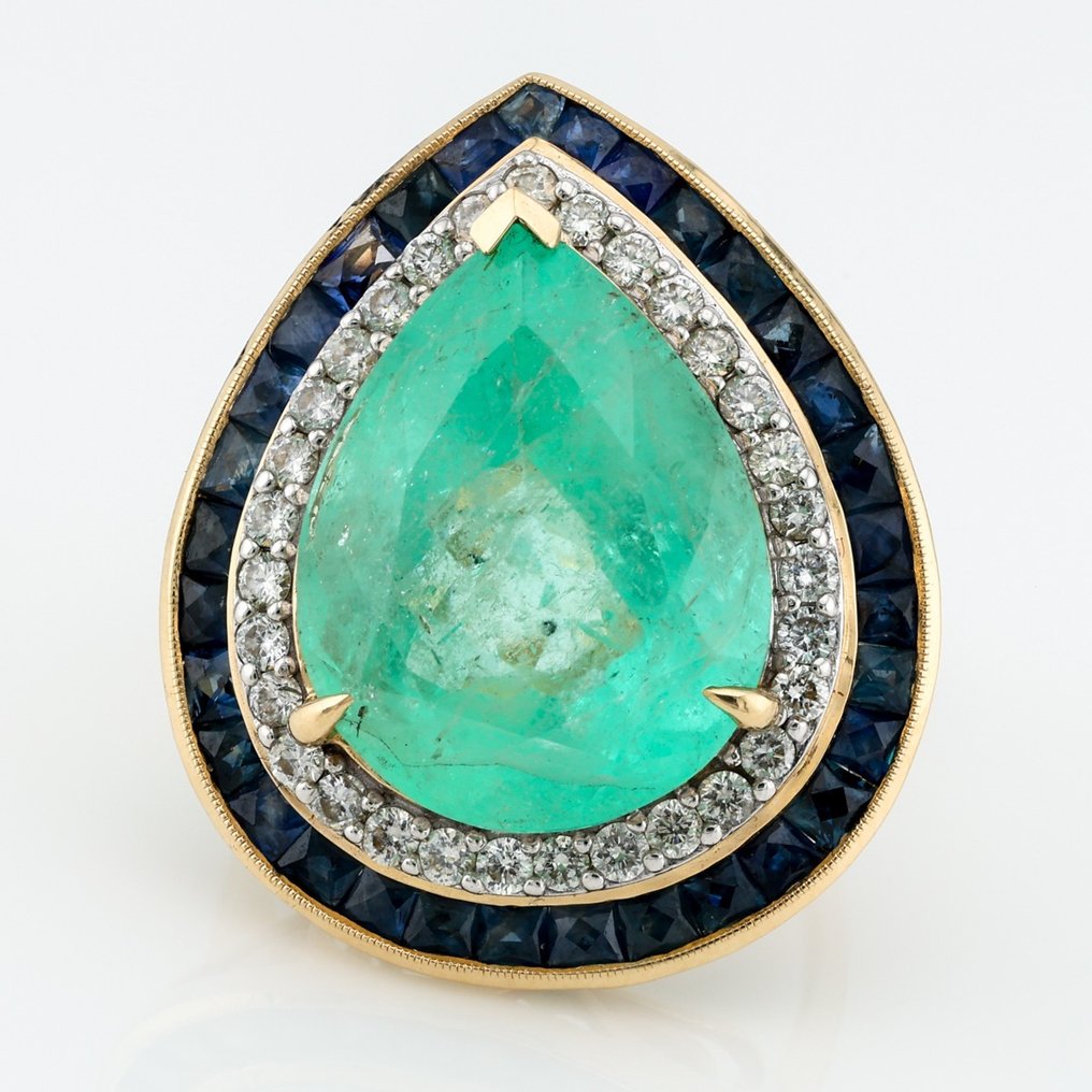 "Lotus lab" - Colombian Emerald (11.39), Sapphire and Diamond Combo - Anillo - 14 quilates Oro amarillo, Oro blanco #1.2
