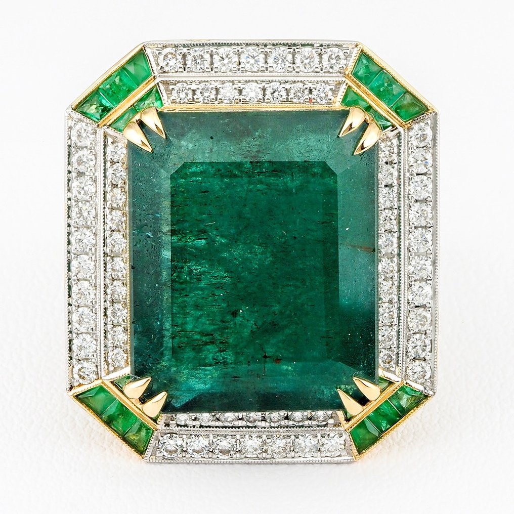 "Lotus Lab Certified" - Rich Deep Green Emerald 26.11 Cts & Diamonds Combo - Ring - 14 kt Weißgold #1.1