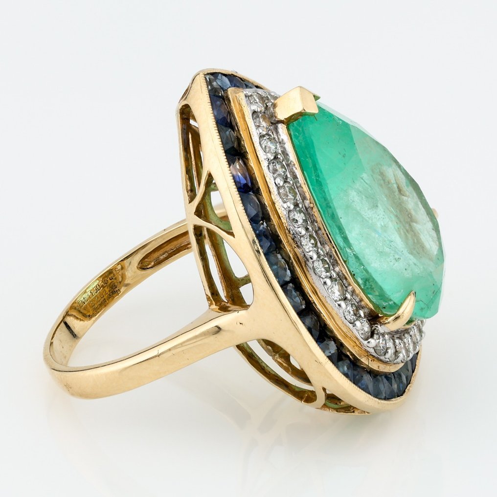 "Lotus lab" - Colombian Emerald (11.39), Sapphire and Diamond Combo - Inel - 14 ct. Aur alb, Aur galben #2.1