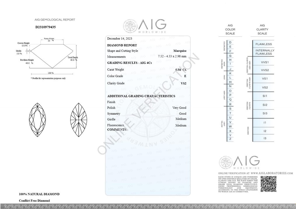 1 pcs Diamant  (Natuurlijk)  - 0.56 ct - Markies - E - VS2 - Antwerp International Gemological Laboratories (AIG Israel) #2.1