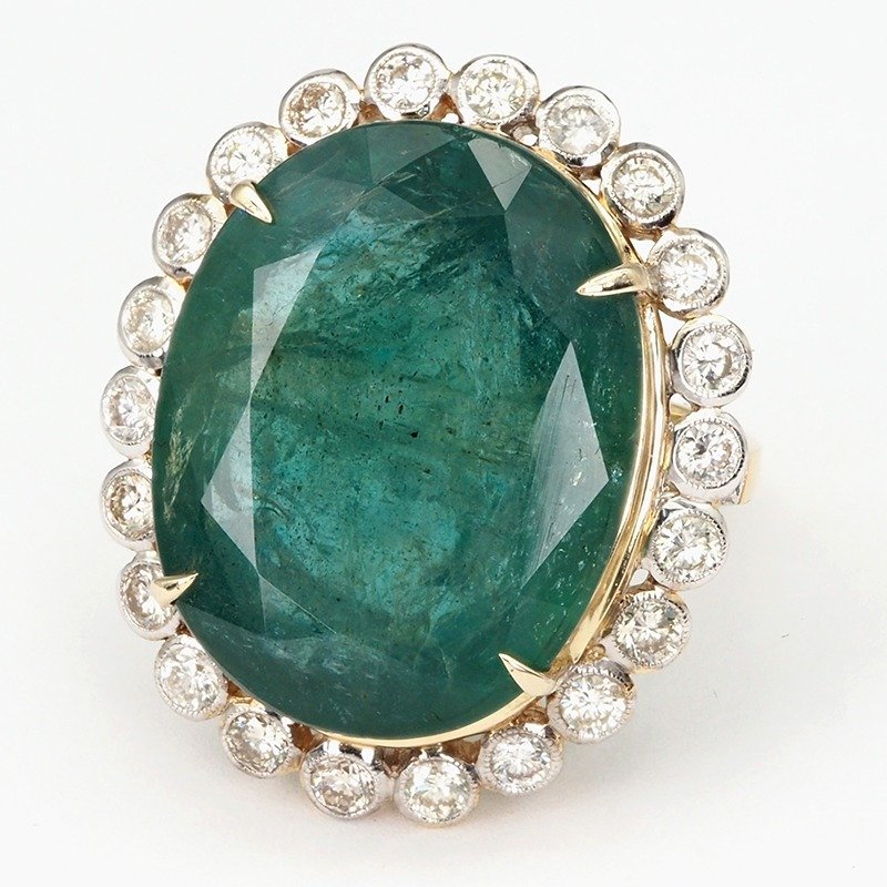 "Lotus Lab" - Rich Green Emerald 23.36 Ct & Diamond Combo - Ring - 14 kt. White gold, Yellow gold #1.2