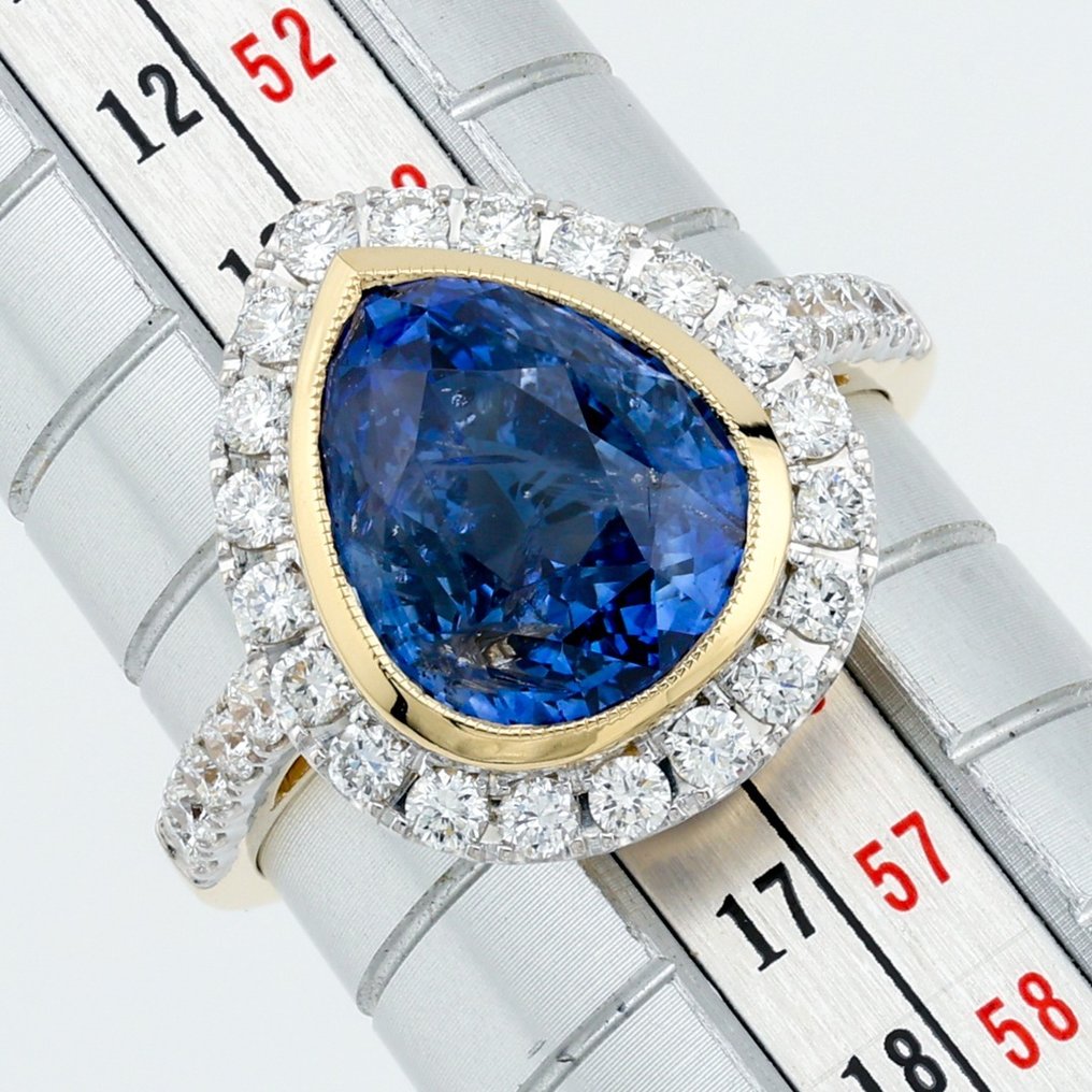 "GRS" - Sri Lankan (Blue) Sapphire (5.80) Ct & Diamond Combo - Ring - 14 kt Gult guld, Vittguld #1.2