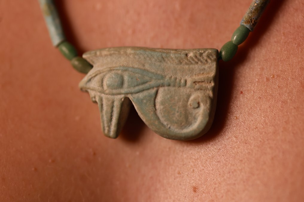 Forntida Egypten Fajans Udjat (Eye of Horus) Amuletter Halsband - 29 cm #2.1