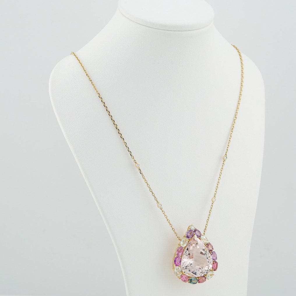 "ALGT"-Morganite 36.80 Ct-Fancy Sapphires, Tourmaline & Diamond Combo - Necklace with pendant - 14 kt. Yellow gold #1.2