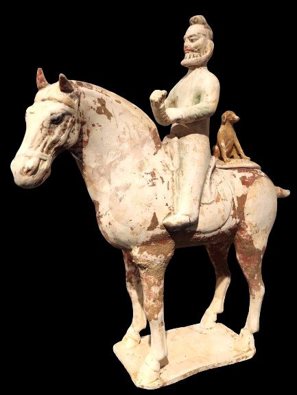 Antico cinese, dinastia Tang Terracotta Antico cinese, Cavaliere a cavallo in terracotta della dinastia Tang con il suo cane. Con il test - 40.6 cm #1.1