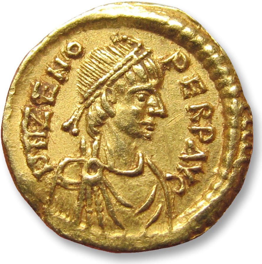 Romerska riket. Zeno (AD 474-491). Tremissis Constantinople mint 476-491 A.D.  - rare little coin, spelling error AVGTSORIVM on reverse - #1.1
