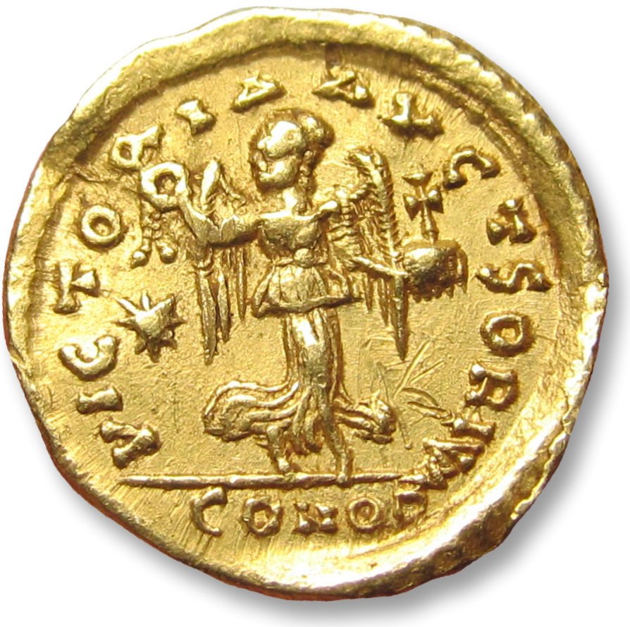 羅馬帝國. Zeno (AD 474-491). Tremissis Constantinople mint 476-491 A.D.  - rare little coin, spelling error AVGTSORIVM on reverse - #1.2