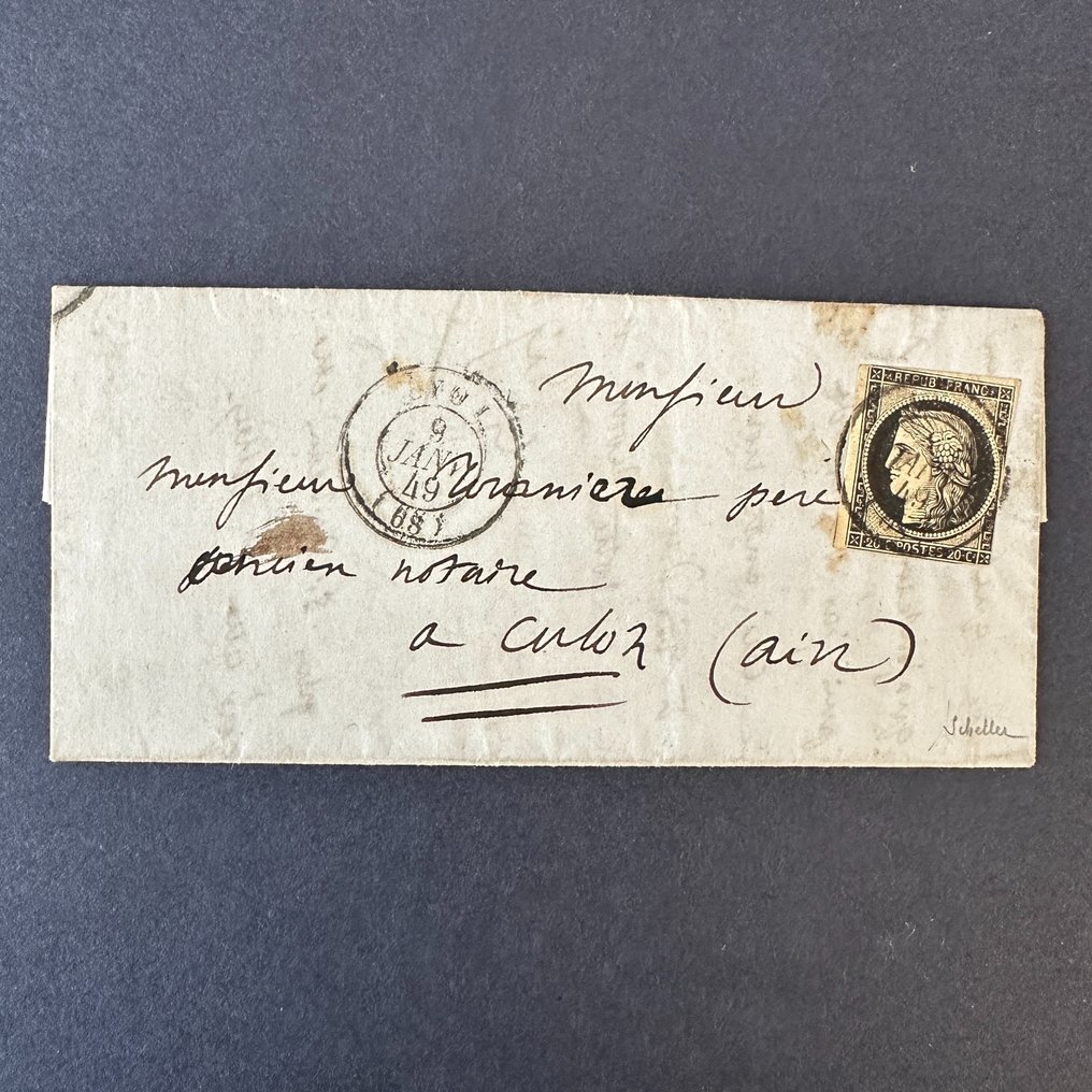 Francia  - Carta Y&T 3 "9 de enero de 1849" OBL de Lyon - B firmada Scheller #1.1