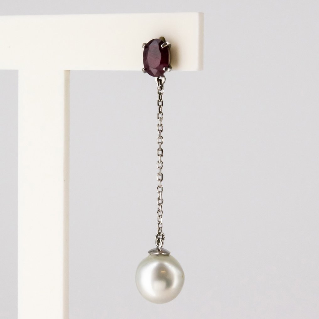 耳環 - 18 克拉 白金 紅寶石 - 珍珠 #2.1