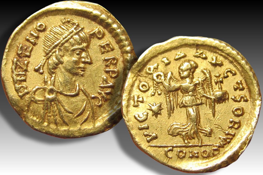 Romarriket. Zeno (AD 474-491). Tremissis Constantinople mint 476-491 A.D.  - rare little coin, spelling error AVGTSORIVM on reverse - #2.1