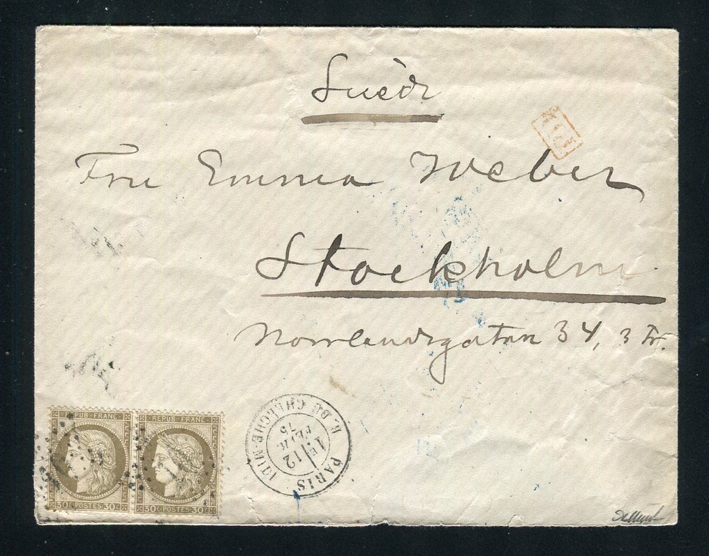 法国 1875 - 从巴黎到斯德哥尔摩的精美且罕见的信件，带有一对 n° 56 #1.1