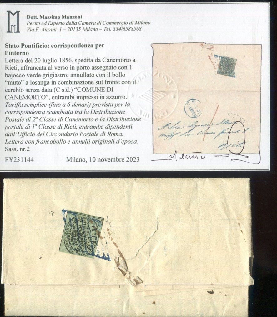 State Italiene Antice - Statul Papal 1852 - Rara anulare a lui „Canemorto” în albastru 10 puncte - Sassone 2 #2.2